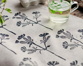 Linen table runner linoblock printed "White Campion" floral home decor hand printed natural organic