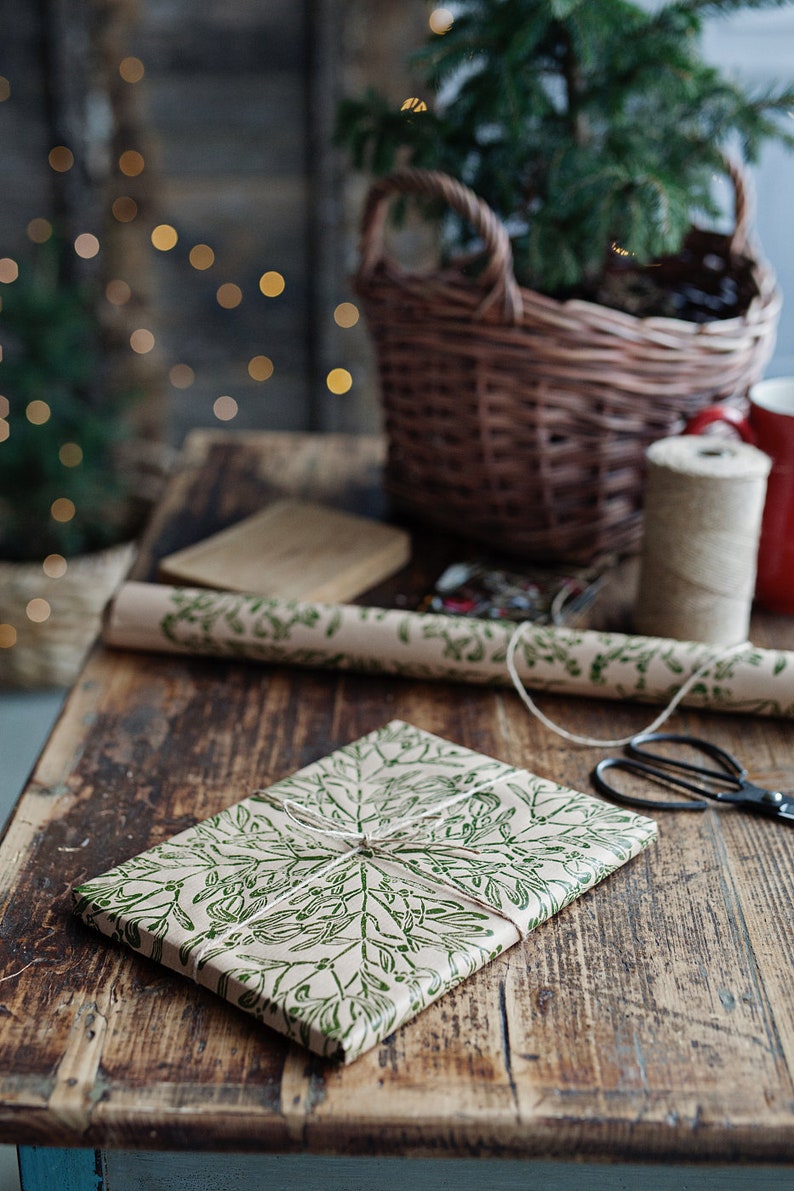 Gift wrapping paper linoblock printed hand printed paper Mistletoe