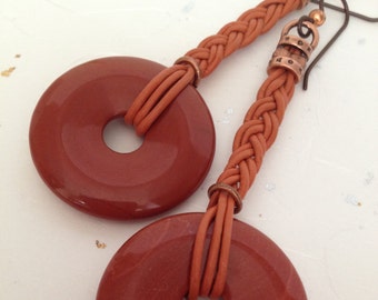 Red Jasper Donut Earrings: Braided Leather Dangles, Niobium Ear Wire