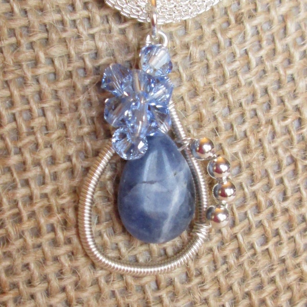 Wire Wrapped Pendant, Swarovski and Sodalite Teardrop, Blue and Silver OOAK Pendant Necklace on Silver Mesh Chain, PRETTY