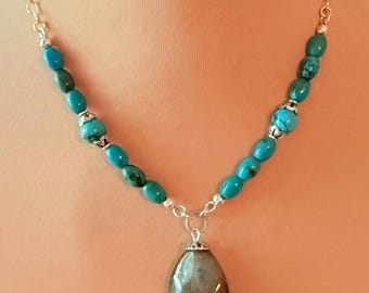 Teardrop Snakeskin Agate Pendant: Turquoise & Sterling Silver Necklace