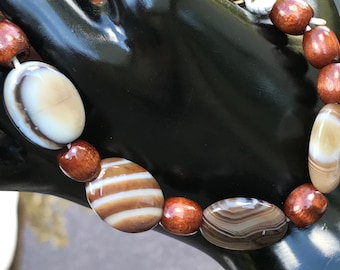 Brown Agate & Leather Bracelet: Striped Stone Unisex Jewelry