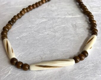Carved Bone & Roble Wood Necklace: Unisex Organic Jewelry