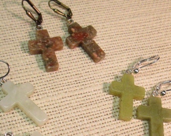 Natural Stone Cross Earrings: Jasper, Quartz, Aventurine (Clip On Option)