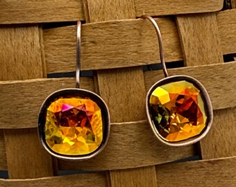 Colorshift Copper Crystal Cushion Earrings: Antique Copper Finish