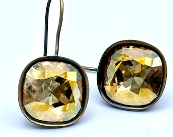 Cushion Cut Champagne Crystal Earrings: Antique Bronze, Golden Yellow
