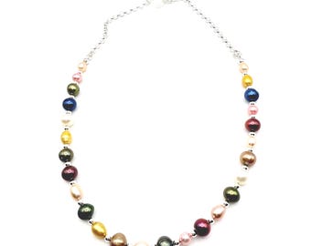 Multicolored Cultured Pearl Necklace: Sterling Silver Rolo Chain, Heart Clasp