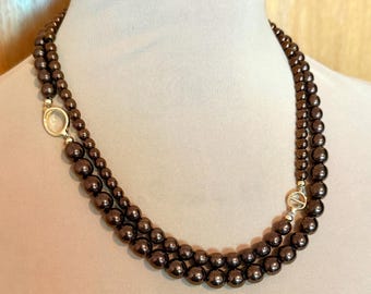 Super Shiny Brown Czech Beaded Statement Necklace, Double Strand, 24k Gold Plated Accents