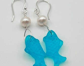Turquoise Sea Glass Fish Earrings: Sterling Silver, Cultured Pearl