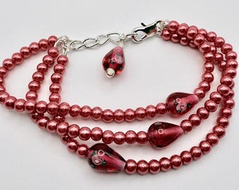 Red Multi-Strand Bracelet: Czech Glass Pearls & Flowery Pear Shaped Red beads