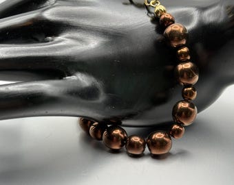 Super Shiny Brown Czech Beaded Bracelet, Antique Gold; Plus Size Option