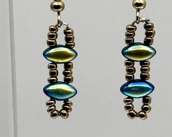 Dainty IrisDuo Bead Earrings, Metallic Bronze Seed Beads, Ladder Shape, Art Deco Style