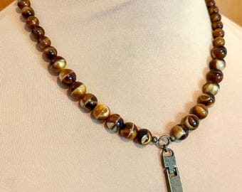 Colorful Brown Czech Glass Beaded Necklace with Upcycled Antique Bronze Tab Pendant, Extender Chain