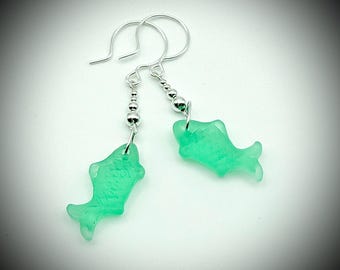 Seafoam Green Sea Glass Fish Earrings: Sterling Silver Bubbles, French Hoops