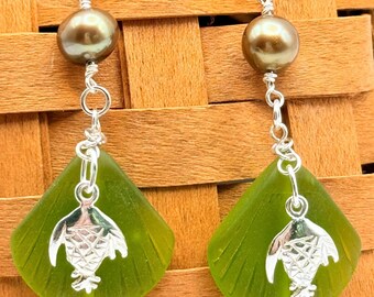 Olive Green Sea Glass Scallop and Pearl Earrings: Sterling Silver Fish Charm
