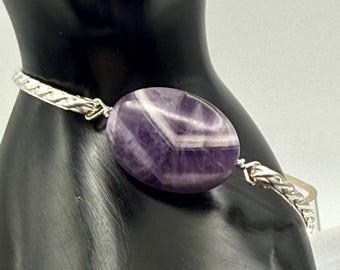 Sterling Silver Sectional Cuff Bracelet featuring Grade B Oval Chevron Amethyst Focal, Custom size