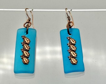 Turquoise Seaglass Earrings with Antique Copper Leaf Charm