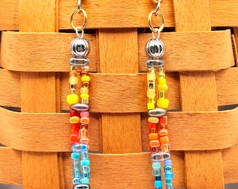 Boho Seed Bead Dangle Earrings: Yellow, Orange & Blue, Hypoallergenic