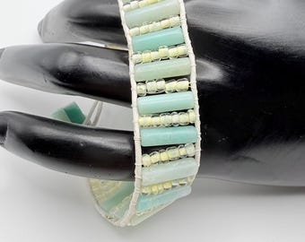 Handmade Amazonite Wrap Bracelet: Sparkly Seed Beads on White Leather