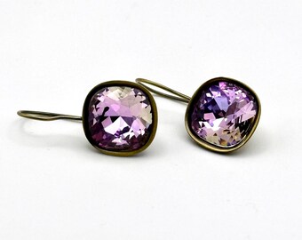 Cushion Cut Vitrail Light Crystal Earrings: Antique Bronze, Purple Lavender