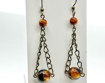 Swingy Colorful Brown Czech Glass Earrings, Antique Bronze Pyramid Chain