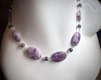 Grade B Chevron Amethyst Statement Necklace, Wire Connected Oval Gemstones, Sterling Silver Option