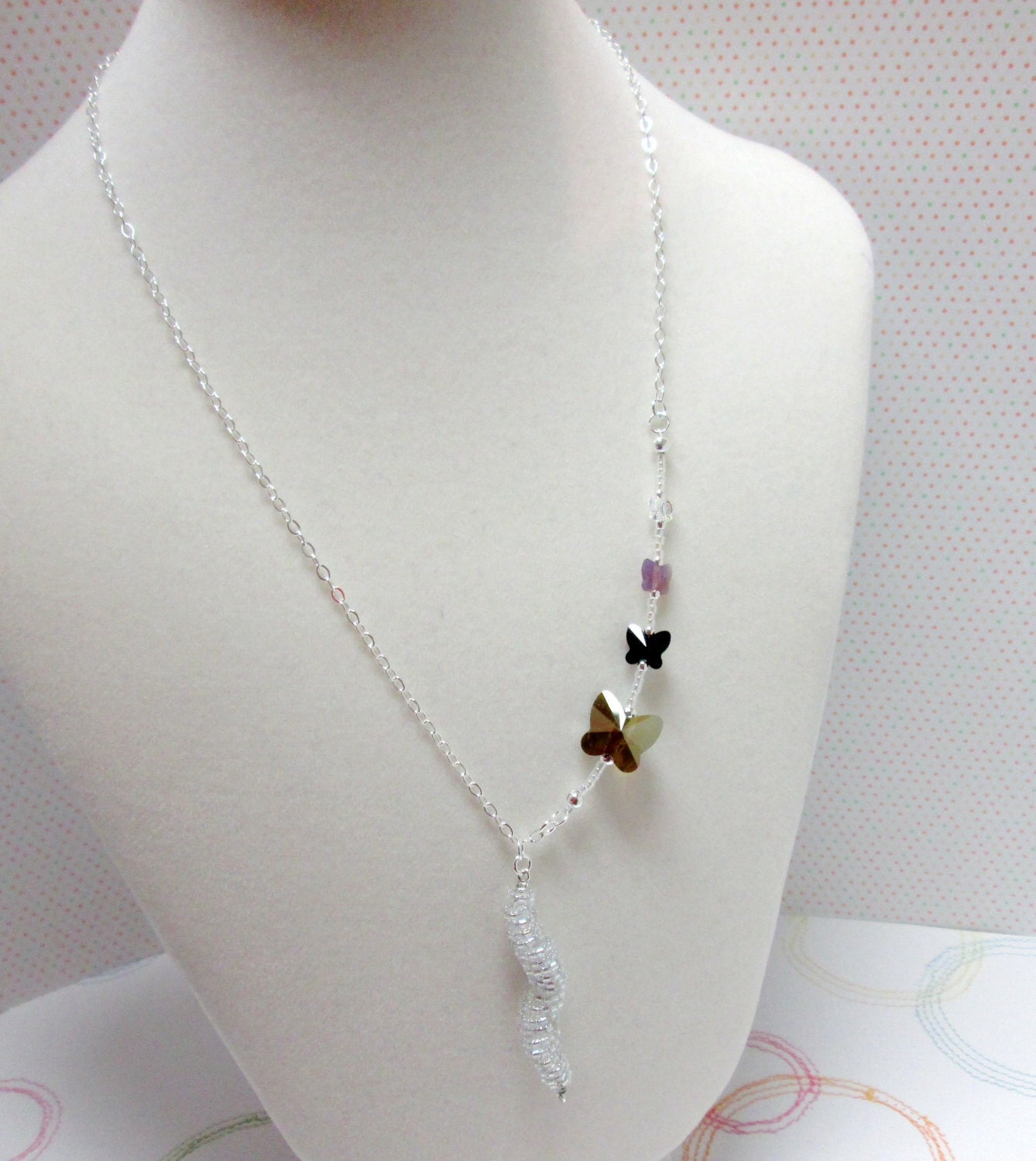 Butterfly Necklace, Chrysalis and Metamorphosis, Swarovski and Sterling