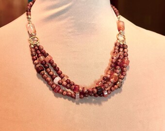 Layered Cascade Statement Necklace in Earth Tones; Red Sandalwood, Red Agate; Stone and Wood