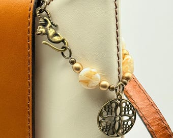 Gold Beaded Purse Charm: Antique Bronze Filigree, Mother of Pearl, Cat Clasp