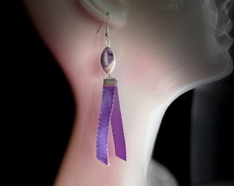 Chevron Amethyst Earring: Dangling Purple and Lilac Ribbon  Handmade OOAK