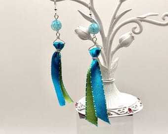 Turquoise colored Blue Haze Fire Agate Earring: Dangling Turquoise and Lime Ribbon,  Handmade OOAK