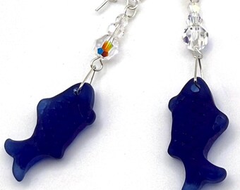 Swarovski Crystal, Sea Glass Fish Earrings: Sterling Silver Filled Wires