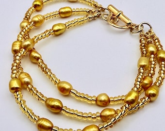 Gold Freshwater Pearl Multistrand Bracelet: Foil Lined Seed Beads