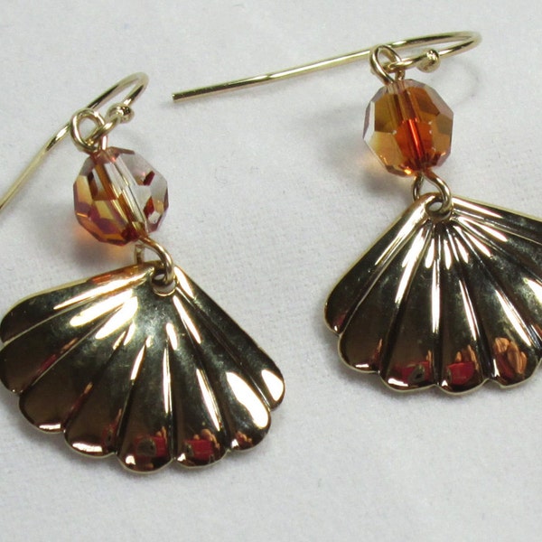 Golden Scallop Shell Earrings, with Swarovski Crystal Copper accent, Neutral and Sparkly, 14K Gold Filled Ear hook; STUNNING Super Pretty