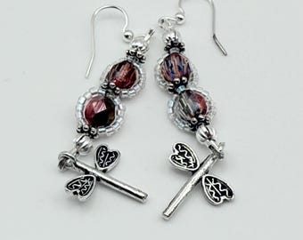 Iridescent Dragonfly Earrings: Rainbow Seed Beads, Antiqued Silver Charms