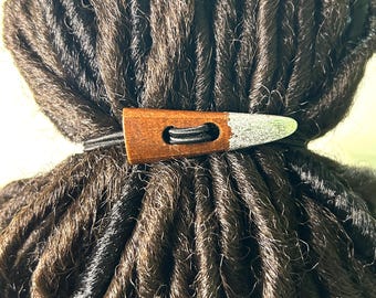 Open Ended Ponytail Holder for Thick Hair, Silver Leaf Accent Wood Toggle Hair Tie, Locs Braids Twists, Snag-Free Low Tension Hair Elastic