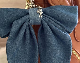 Petit Cadeau Gift for Her, Personalized Denim Bow Backpack Keychain, Initial Birthstone Ita Bag Charm, Coquette Aesthetic Purse Accessory