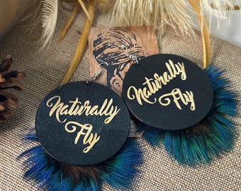 Naturally Fly Large Earrings – Peacock Feather Afrocentric Jewelry, Natural Hair Statement Gift, Melanin Magic Accessories for Black Women