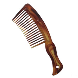 May include: A brown plastic comb with a wide tooth design and a curved handle.