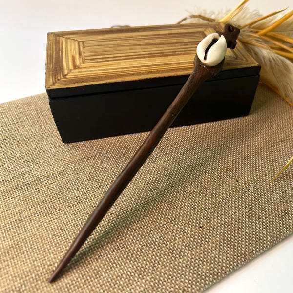 Ethnic Minimalist Wooden Hair Stick, Unisex Cowrie Shell Hair Pin, Natural Hair Accessory,  Updo Bun Holder for Thick Hair, Earthy Hair Gift