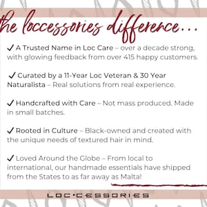 May include: A cream-colored graphic with the text "the loccessories difference..." and bullet points describing the brand's values, including a trusted name, handcrafted products, and cultural roots. The brand name is at the bottom.
