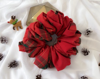 Royal Holiday Plaid Luxe XL Cotton Scrunchie - Oversized Scrunchy for Long, Thick & Curly Hair - Jumbo Hairtie Christmas Stocking Stuffers