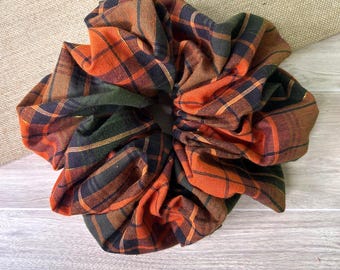 Pumpkin Spice Plaid Scrunchie - Cozy Fall Vibes XL Luxe Oversized Hairtie for Long Thick & Curly Hair, Extra Large Jumbo Hair Tie