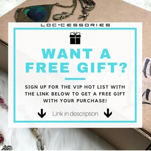 May include: A promotional image for LOCcessories, featuring a cardboard box with a peacock feather and jewelry. A sign with the text "WANT A FREE GIFT?" is displayed, encouraging customers to sign up for a VIP list.