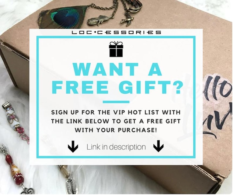 May include: A promotional image for LOCcessories, featuring a cardboard box with a peacock feather and jewelry. A sign with the text "WANT A FREE GIFT?" is displayed, encouraging customers to sign up for a VIP list.