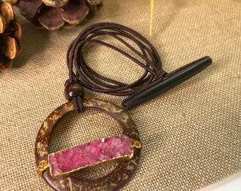 Coconut Shell Hair Tie – One-of-a-Kind Raw Rose Quartz Loc Lasso, Handmade Statement Hair Accessory
