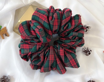 Christmas Plaid Luxe XL Cotton Scrunchie - Oversized Scrunchy for Long, Thick & Curly Hair - Jumbo Hairtie Stocking Stuffers