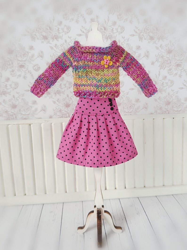 Pretty pink and yellow knitted jumper and skirt set for Blythe image 2