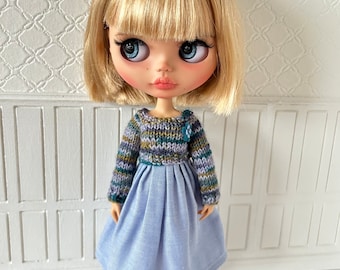 Pretty Blue and Green dress for Blythe with knitted bodice and cotton skirt.