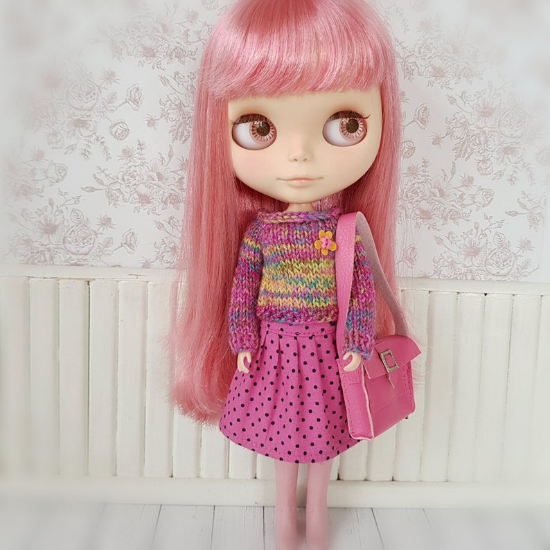 Pretty pink and yellow knitted jumper and skirt set for Blythe image 0